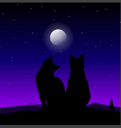 Two Cats Against The Background Of The Moon