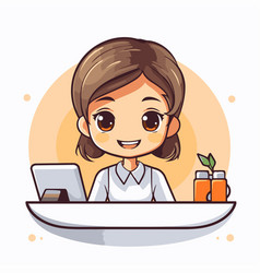 Cute Cartoon Business Woman With Laptop In Office