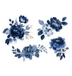 Set Of Floral Branch Flower Navy Blue Rose