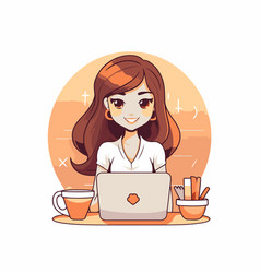 Young Woman Working On Laptop At Home In Cartoon