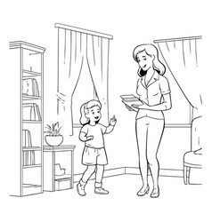 Mother And Daughter Cartoon At Home With