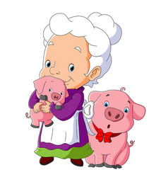 Old Grandmother Is Hugging The Baby Pig