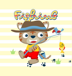 Cute Cat Cartoon In Fisher Costume With A Bird