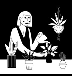 A Woman Watering Houseplant Black And White