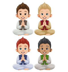 Four Cartoon Kids In Meditation Poses Smiling