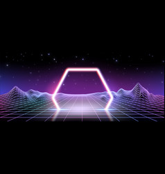 Neon Hexagon On Wireframe Landscape