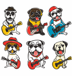 Six Cartoon Pugs Playing Guitars Wearing Hats