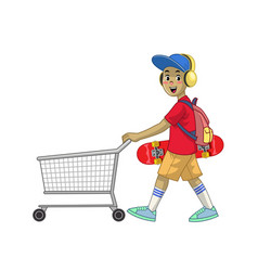 Cartoon Skater Boy Pushing Shopping Cart