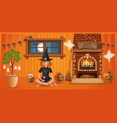 Halloween Design A Girl Sits Near A Fireplace