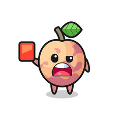 Pluot Fruit Cute Mascot As Referee Giving A Red