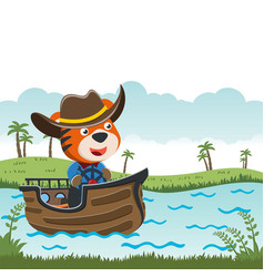 Funny Tiger Cartoon On Little Boat