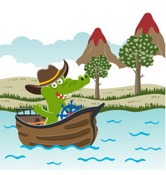 Funny Crocodile Cartoon On Little Boat