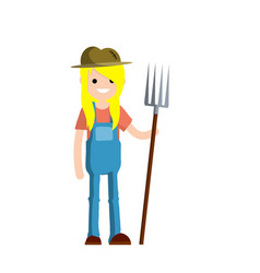 Woman Farmer In Overalls With Fork In Hand