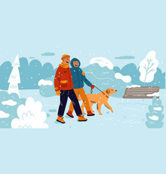 Couple Walk In Winter Park Young Family With Dog