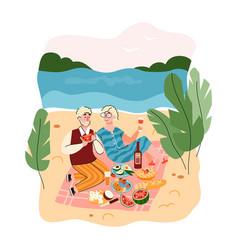 Elderly Couple Picnic Near Sea Flat Cartoon