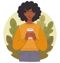 Black Young Woman With A Cup Of Coffee In Her Hand