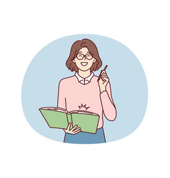 Happy Woman In Glasses Holding Large Notepad