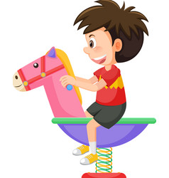 Cartoon Boy Riding On Spring Rocking Horse