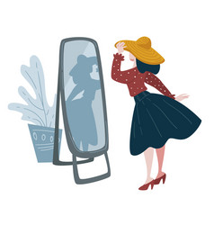 Woman Trying On Hat In Front Mirror Fashion