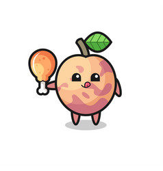 Pluot Fruit Cute Mascot Is Eating A Fried Chicken