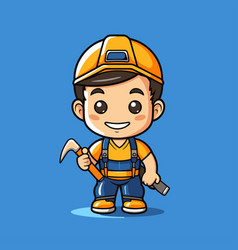 Cute Builder Boy Holding A Big Hammer And Wrench