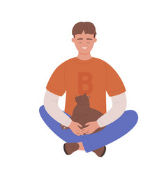 Cheerful Sitting Boy With Crossed Legs And Cat