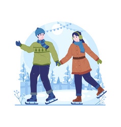 Couple Skaters In Cold Weather With Snow