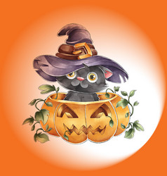 Cute Watercolor Halloween Black Cat With Witch