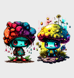 Psychedelic Watercolor Chibi Mushroom Character