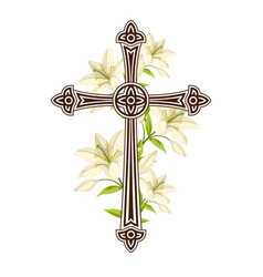 Silhouette Of Ornate Cross With Lilies Happy