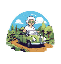 Old Man Driving A Vintage Car In The Landscape