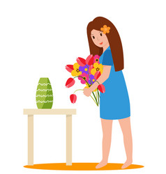 Woman Holding Bouquet Flowers Put It In A Vase