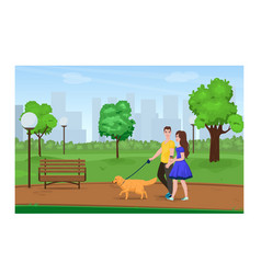 Young Couple Walking In Park With A Dog