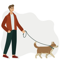 Young Man On A Walk With A Dog