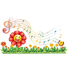 A Red Flower In The Garden With Musical Notes