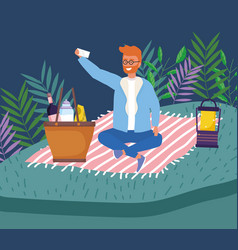 Man With Smartphone Taking Selfie Night Picnic