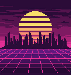 Pixel Synthwave Purple Mesh With City And Sun