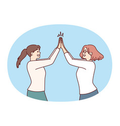 Two Happy Women Rejoice High Five Greet Each Other