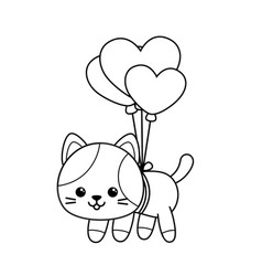 Coloring Page Kitten Is Flying By Balloons Black