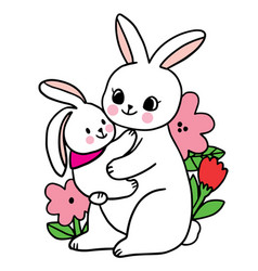 Cartoon Cute Mom And Baby Rabbit Flower