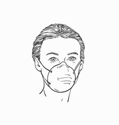 Woman Wearing Medical Face Mask Hand Drawn Linear