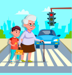 Boy Helping Senior Woman Crossing Street