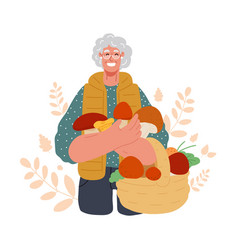 Old Woman Hold A Basket With Mushroomspicking