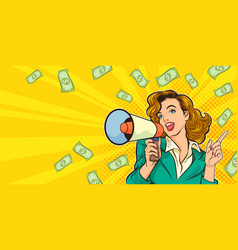 Pop Art Beautiful Woman With Megaphone And Money