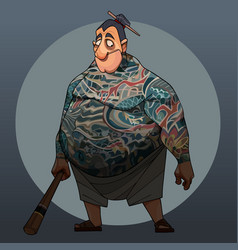 Cartoon Fat Man In Japanese Yakuza Style Stands