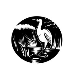 Egret Or Heron In Marsh Circle Woodcut Black