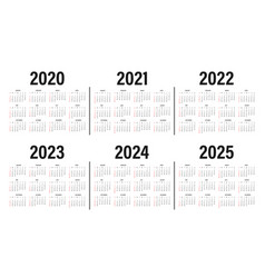 Calendar From 2020 To 2025 Years Template