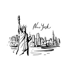 New York Hand Drawn City Architecture With Statue