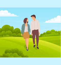 Romantic Couple Walks In Countryside Green