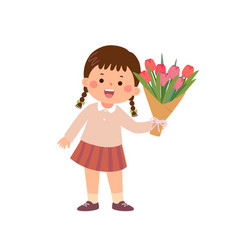 Cartoon Little Girl Giving A Bouquet Of Tulips